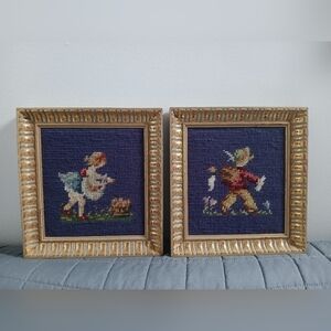 Vintage Pair Needlepoint Framed Children Boy Girl Wall Art Gold Wood Frames